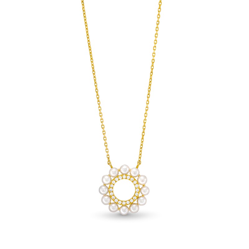 Cultured Pearl and 1/15 CT. T.W. Diamond Mini Circle Necklace in 10K Gold-18”