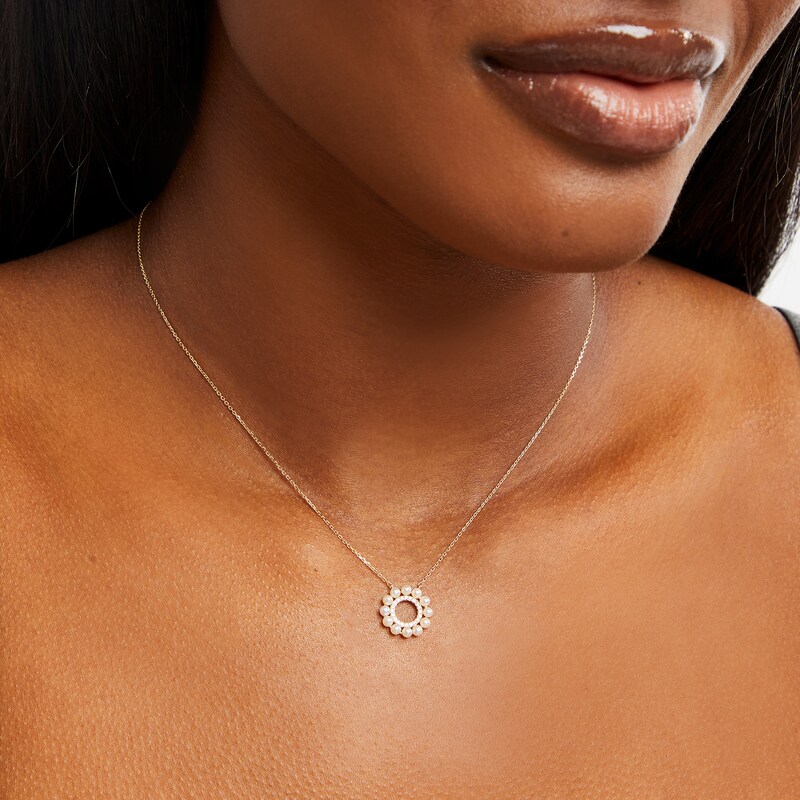 Main Image 2 of Cultured Pearl and 1/15 CT. T.W. Diamond Mini Circle Necklace in 10K Gold-18”