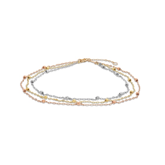 Three-Strand Diamond-Cut Beaded Chain Anklet in 14K Tri-Tone Gold â 10â