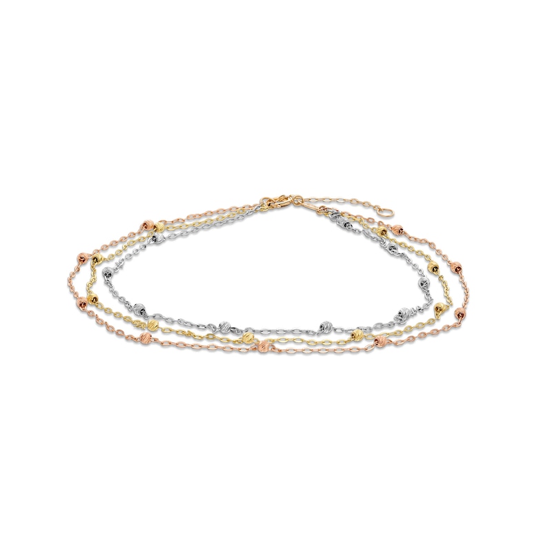 Three-Strand Diamond-Cut Beaded Chain Anklet in 14K Tri-Tone Gold – 10”