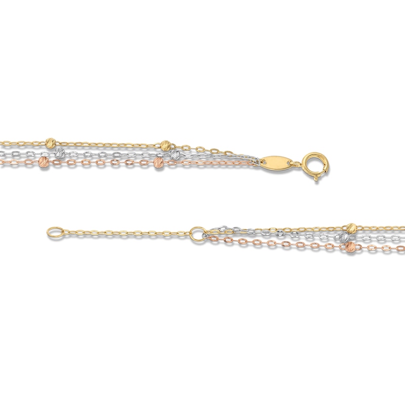 Three-Strand Diamond-Cut Beaded Chain Anklet in 14K Tri-Tone Gold – 10”