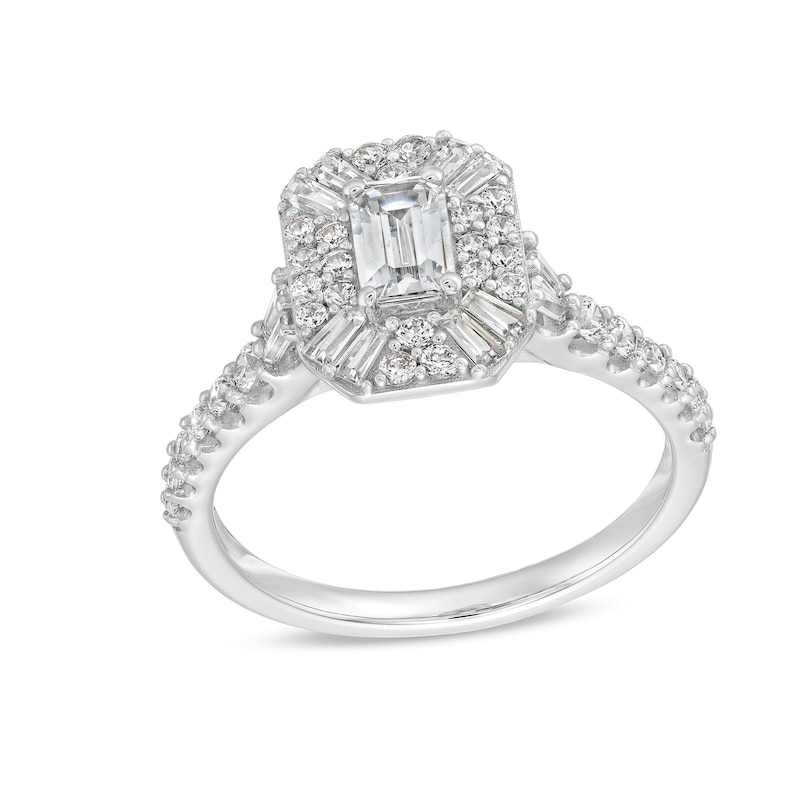 Main Image 1 of 1-1/4 CT. T.W. Emerald and Baguette-Cut Diamond Art Deco Engagement Ring in 14K White Gold