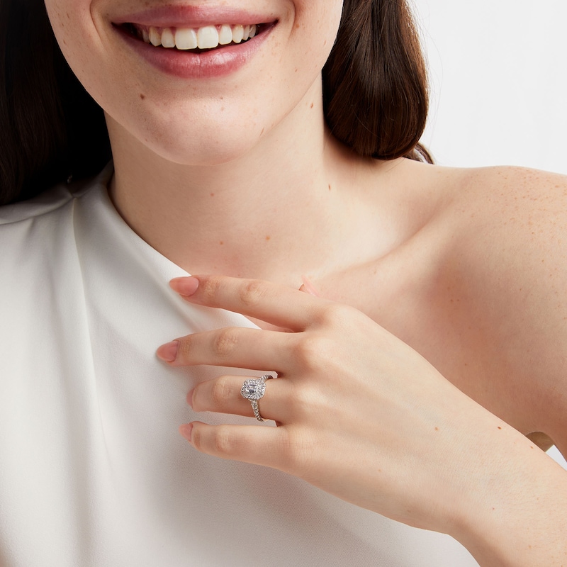 Main Image 2 of 1-1/4 CT. T.W. Emerald and Baguette-Cut Diamond Art Deco Engagement Ring in 14K White Gold