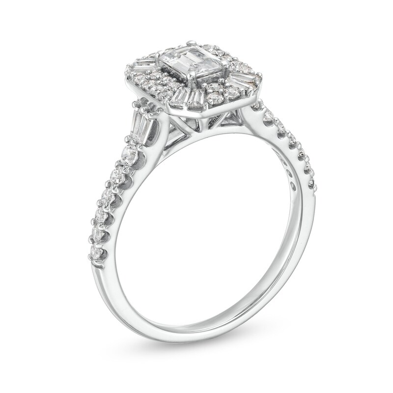 Main Image 3 of 1-1/4 CT. T.W. Emerald and Baguette-Cut Diamond Art Deco Engagement Ring in 14K White Gold