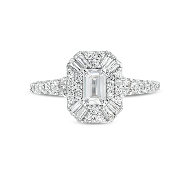 Main Image 4 of 1-1/4 CT. T.W. Emerald and Baguette-Cut Diamond Art Deco Engagement Ring in 14K White Gold