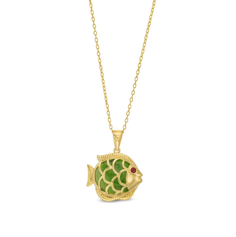 Main Image 1 of Jade and Garnet Fish Pendant in Sterling Silver with 18K Gold Plate