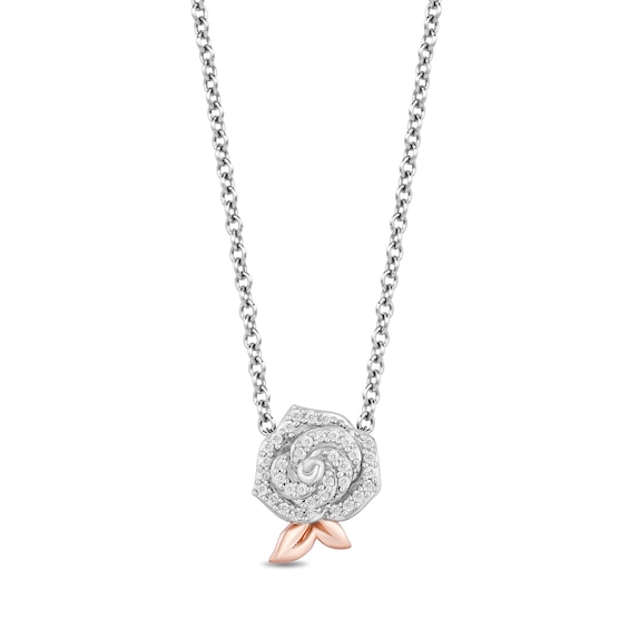 Enchanted Disney Belle 1/6 CT. T.w. Diamond Rose Pendant in 10K Rose Gold and Sterling Silver - 18"