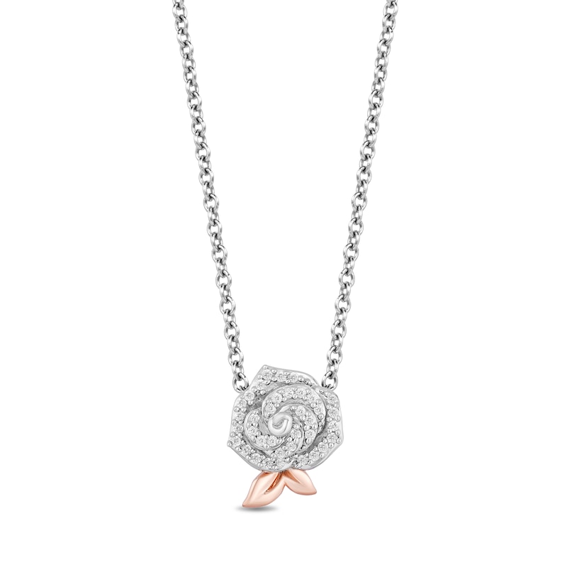 Main Image 1 of Enchanted Disney Belle 1/6 CT. T.W. Diamond Rose Pendant in 10K Rose Gold and Sterling Silver - 18"