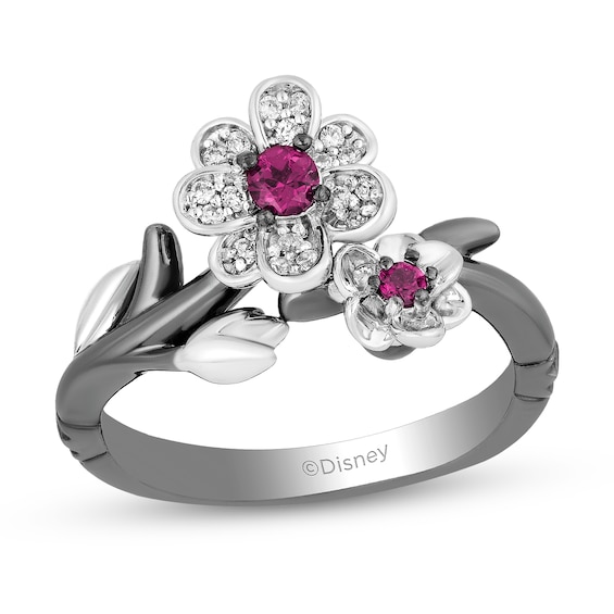 Enchanted Disney Mulan Garnet and 1/10 CT. T.w. Diamond Ring in Sterling Silver and Black Rhodium â Size 7