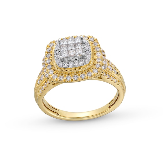 3/4 CT. T.w. Princess-Cut Multi-Diamond Cushion Frame Engagement Ring In 10K Gold