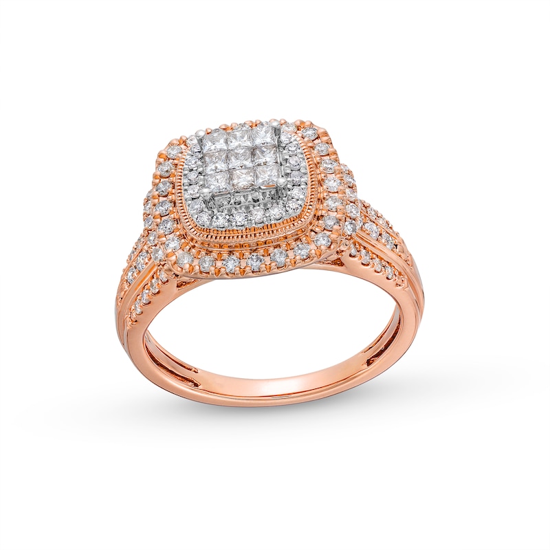 Main Image 1 of 3/4 CT. T.W. Princess-Cut Multi-Diamond Cushion Frame Engagement Ring In 10K Rose Gold