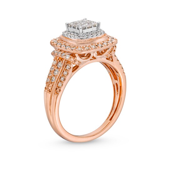 3/4 CT. T.w. Princess-Cut Multi-Diamond Cushion Frame Engagement Ring In 10K Rose Gold