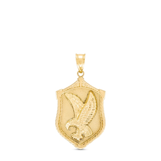 Menâs Textured Flying Eagle Shield Necklace Charm in 10K Gold