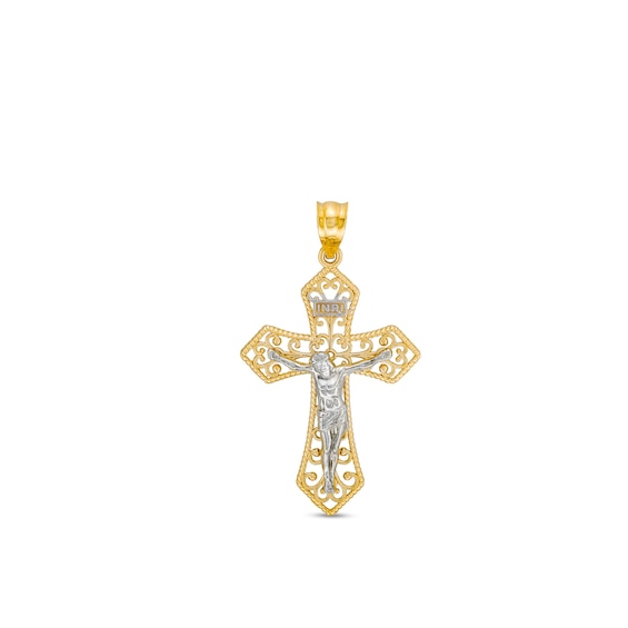 Menâs Filigree Crucifix Necklace Charm in 14K Two-Tone Gold