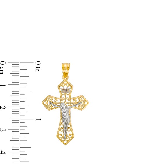 Menâs Filigree Crucifix Necklace Charm in 14K Two-Tone Gold