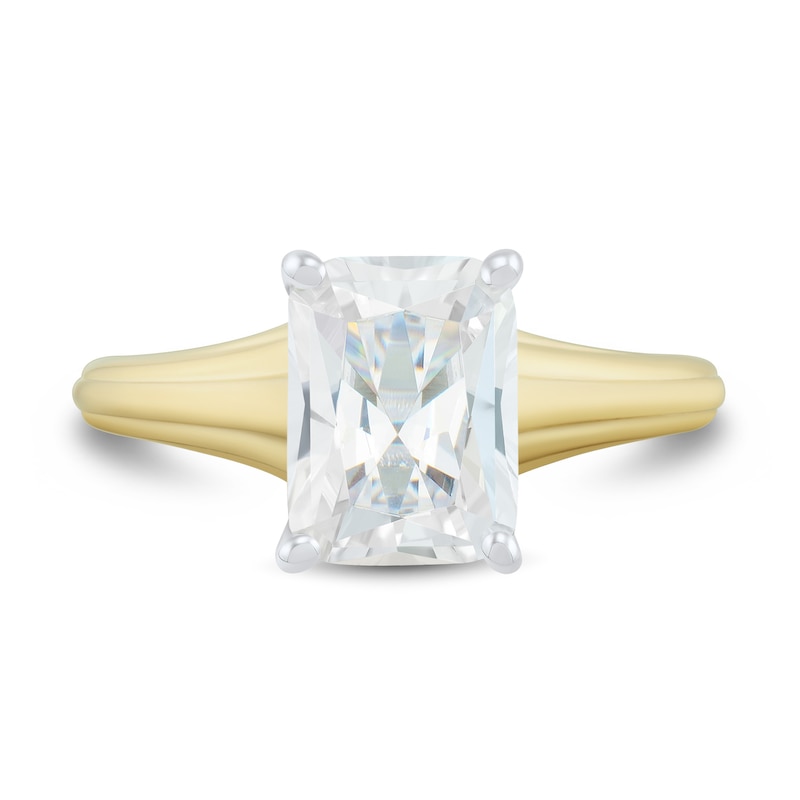 Main Image 2 of 2-1/2 CT. Emerald-Cut Certified Lab-Grown Diamond Solitaire Ribbed Shank Engagement Ring in 14K Two-Tone Gold (F/VS2)