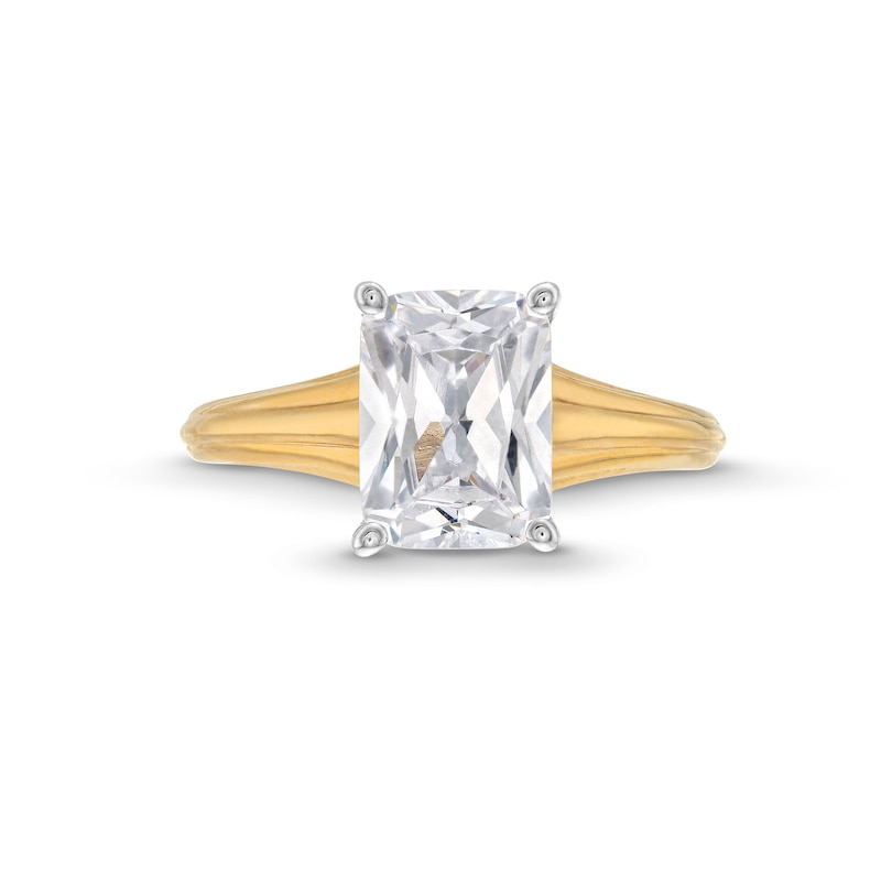 Main Image 4 of 2-1/2 CT. Emerald-Cut Certified Lab-Grown Diamond Solitaire Ribbed Shank Engagement Ring in 14K Two-Tone Gold (F/VS2)