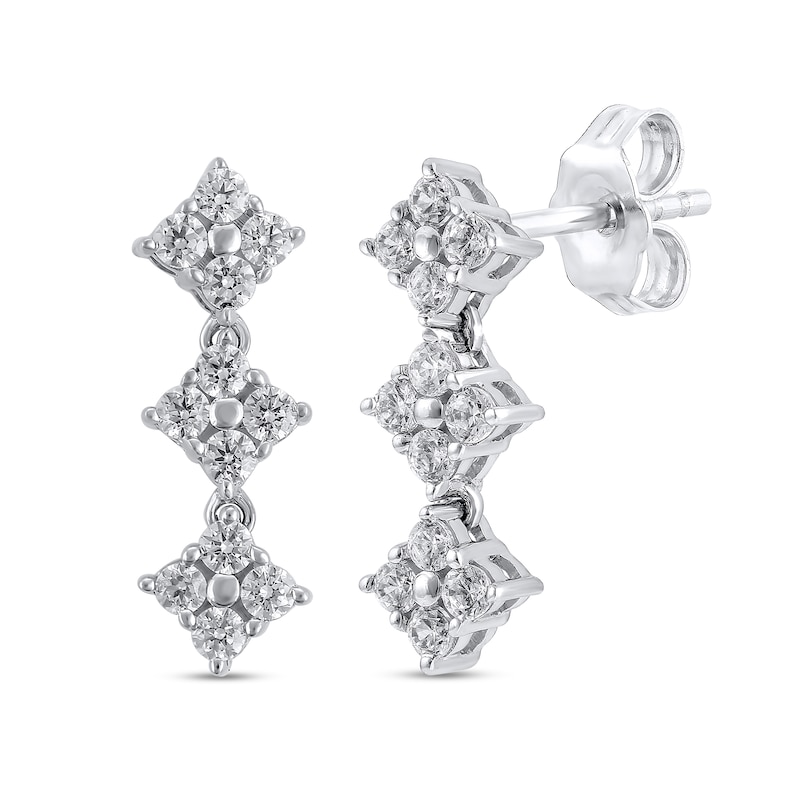 Main Image 1 of 3/8 CT. T.W. Multi Lab-Grown Diamond Tilted Three Stone Drop Earrings in 10K White Gold