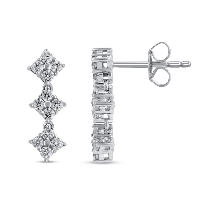 Main Image 2 of 3/8 CT. T.W. Multi Lab-Grown Diamond Tilted Three Stone Drop Earrings in 10K White Gold