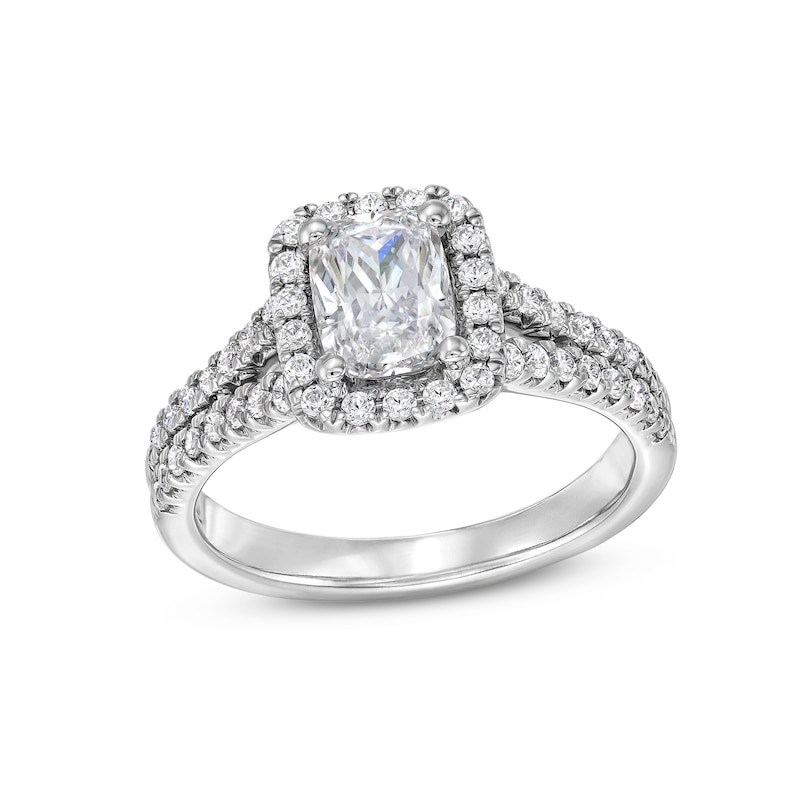 1-1/2 CT. T.W. Cushion-Cut Certified Lab-Created Diamond Frame Split Shank Engagement Ring in 14K White Gold (F/VS2)