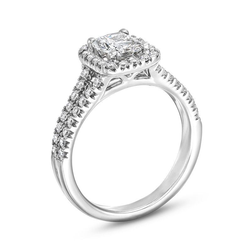 1-1/2 CT. T.W. Cushion-Cut Certified Lab-Created Diamond Frame Split Shank Engagement Ring in 14K White Gold (F/VS2)