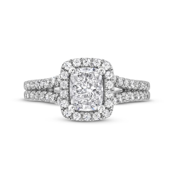 1-1/2 CT. T.w. Cushion-Cut Certified Lab-Grown Diamond Frame Split Shank Engagement Ring in 14K White Gold (F/Vs2)