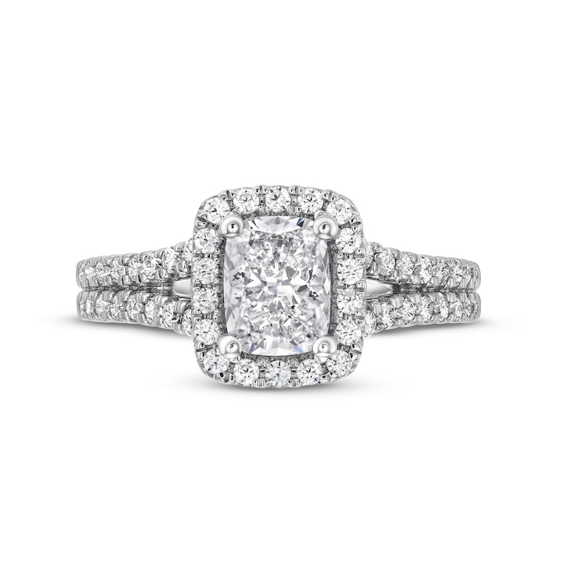 1-1/2 CT. T.W. Cushion-Cut Certified Lab-Created Diamond Frame Split Shank Engagement Ring in 14K White Gold (F/VS2)