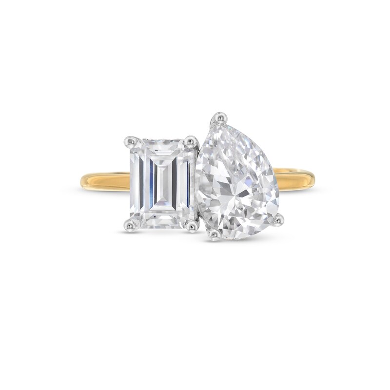 Main Image 4 of 3 CT. T.W. Emerald-Cut and Pear-Shaped Certified Lab-Grown Diamond Toi et Moi Engagement Ring in 14K Gold (F/VS2)