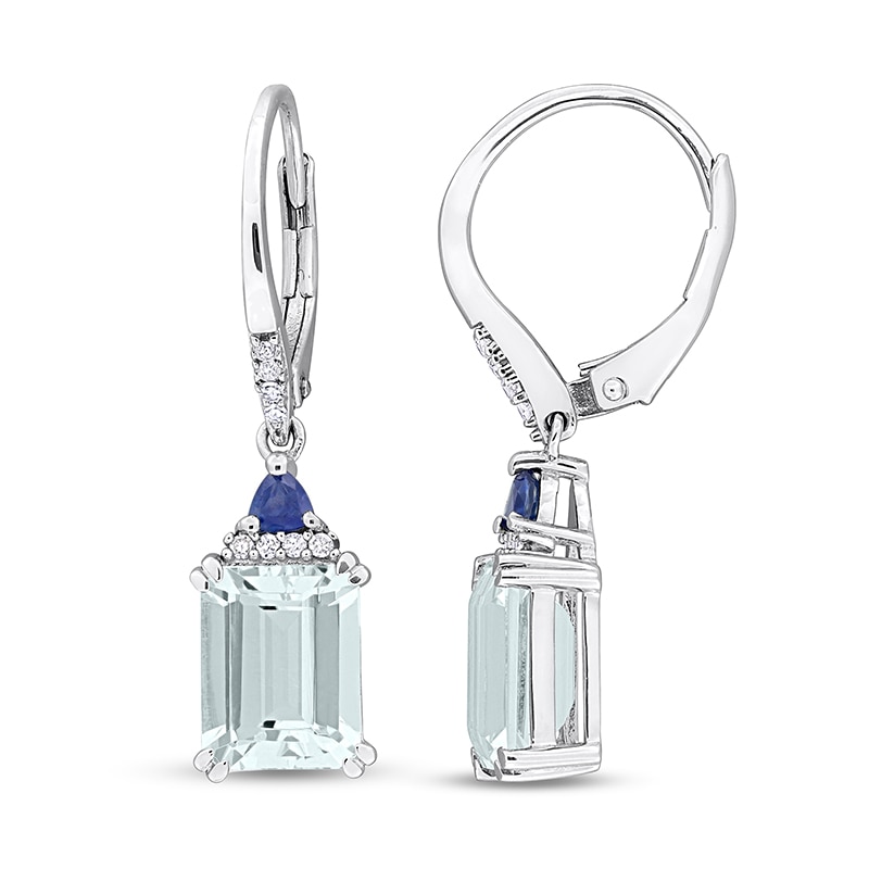 Main Image 1 of Emerald-Cut Aquamarine, Blue Sapphire and 1/15 CT. T.W. Diamond Stacked Drop Earrings in Sterling Silver
