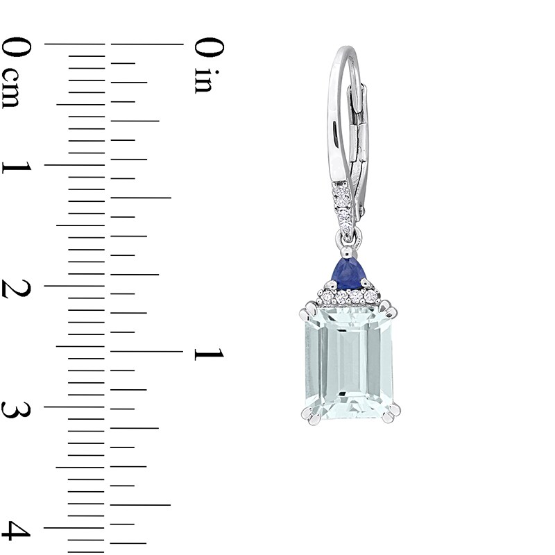 Main Image 2 of Emerald-Cut Aquamarine, Blue Sapphire and 1/15 CT. T.W. Diamond Stacked Drop Earrings in Sterling Silver