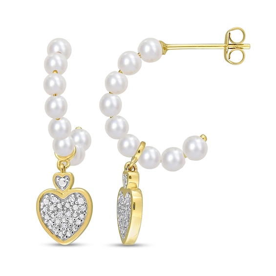 Freshwater Cultured Pearl J-Hoop and 1/20 CT. T.w. Diamond Heart Dangle Earrings in 10K Gold