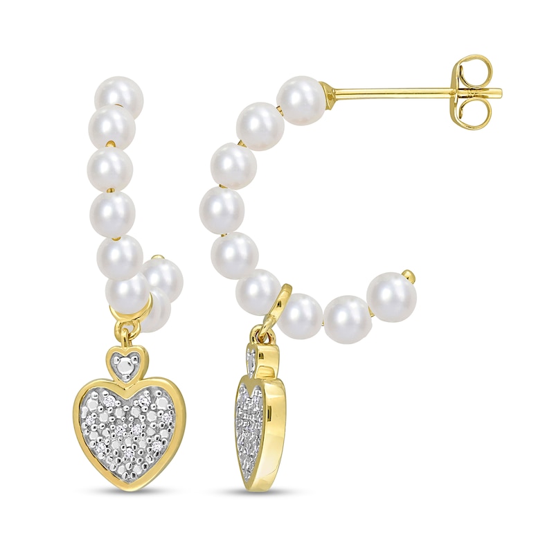 Main Image 1 of Freshwater Cultured Pearl J-Hoop and 1/20 CT. T.W. Diamond Heart Dangle Earrings in 10K Gold