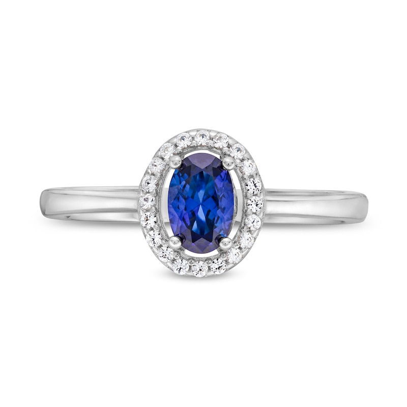 Main Image 3 of Oval Blue and White Lab-Created Sapphire Frame Pendant, Ring and Stud Earrings Set in Sterling Silver - Size 7