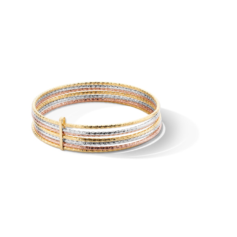 Main Image 1 of Diamond-Cut Bangle Bracelet Stack in 14K Tri-Tone Gold