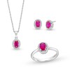 Thumbnail Image 1 of Oval Lab-Created Ruby and White Lab-Created Sapphire Frame Pendant, Ring and Stud Earrings Set in Sterling Silver
