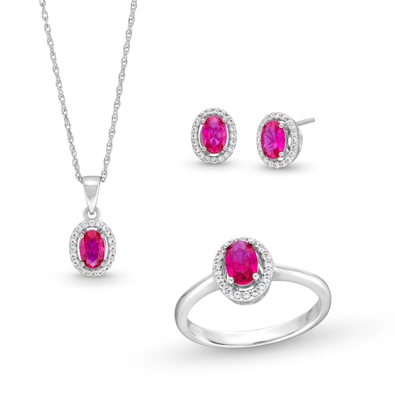 Oval Lab-Created Ruby and White Lab-Created Sapphire Frame Pendant, Ring and Stud Earrings Set in Sterling Silver
