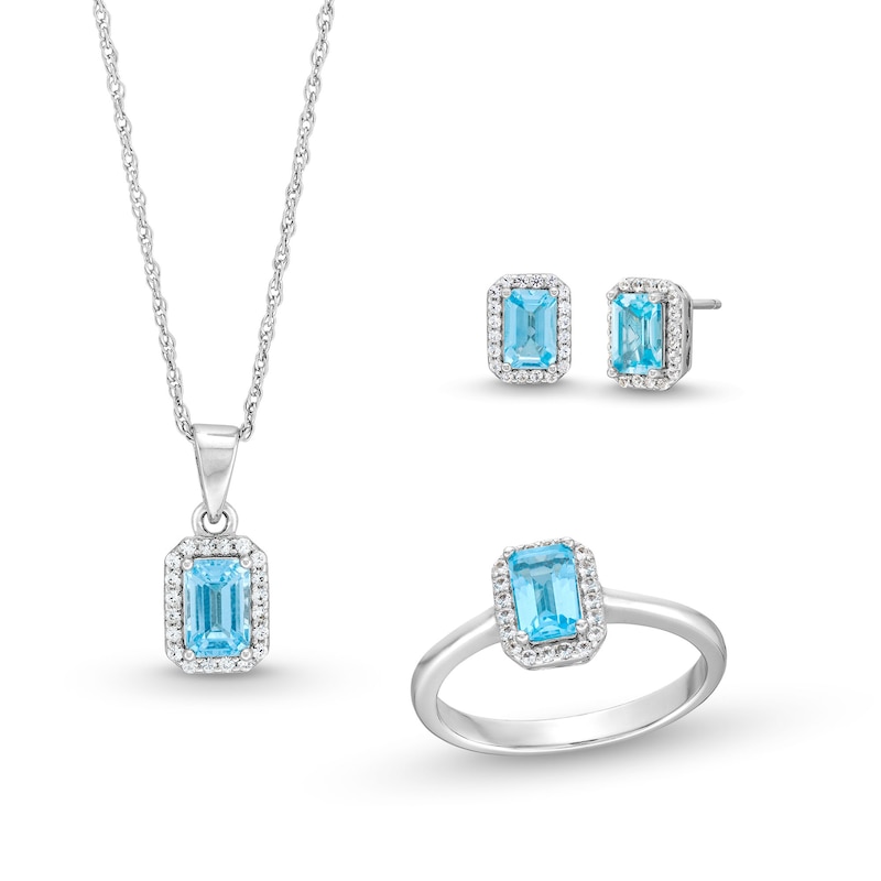 Main Image 1 of Emerald-Cut Blue Topaz and White Lab-Created Sapphire Frame Pendant, Ring and Stud Earrings Set in Sterling Silver