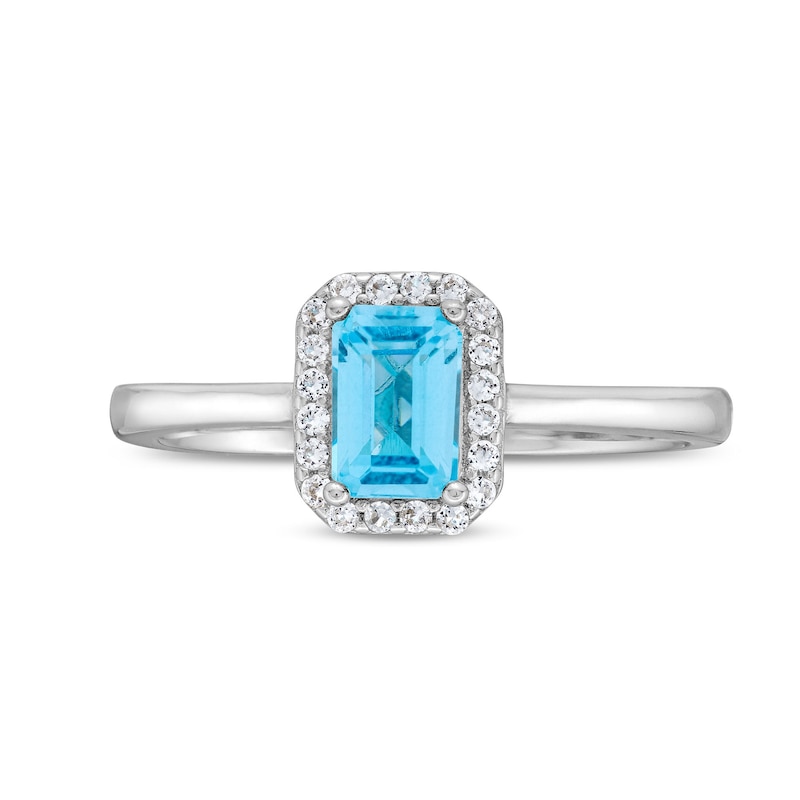Main Image 3 of Emerald-Cut Blue Topaz and White Lab-Created Sapphire Frame Pendant, Ring and Stud Earrings Set in Sterling Silver