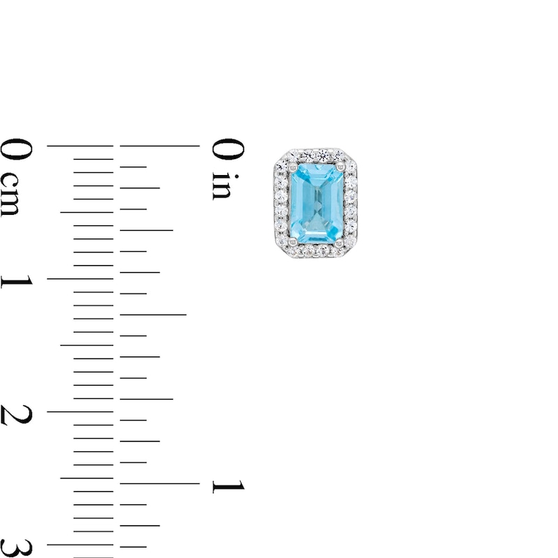 Main Image 4 of Emerald-Cut Blue Topaz and White Lab-Created Sapphire Frame Pendant, Ring and Stud Earrings Set in Sterling Silver