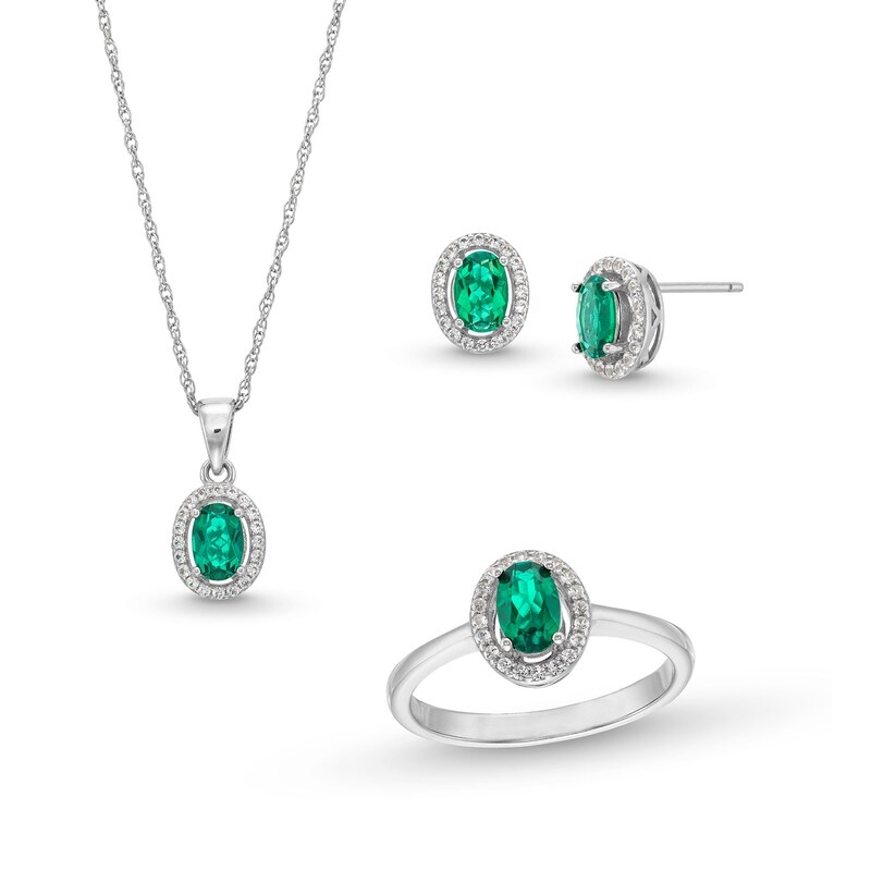 Main Image 1 of Oval Lab-Created Emerald and White Lab-Created Sapphire Frame Pendant, Ring and Stud Earrings Set in Sterling Silver
