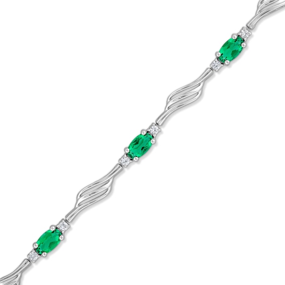 Oval Lab-Created Emerald and White Lab-Created Sapphire Bypass Wave Alternating Line Bracelet in Sterling Silver