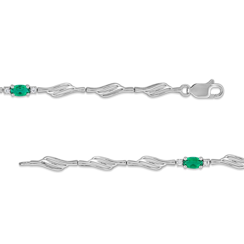 Main Image 2 of Oval Lab-Created Emerald and White Lab-Created Sapphire Bypass Wave Alternating Line Bracelet in Sterling Silver