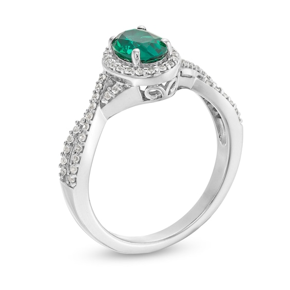 Oval Lab-Created Emerald and White Lab-Created Sapphire Frame Twist Shank Ring in Sterling Silver