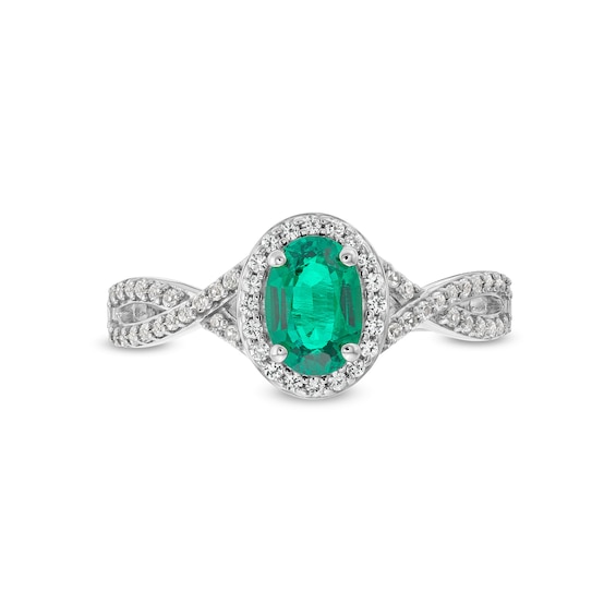Oval Lab-Created Emerald and White Lab-Created Sapphire Frame Twist Shank Ring in Sterling Silver