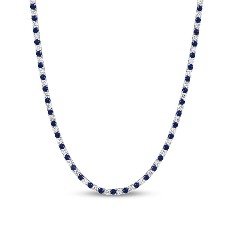 Main Image 2 of Blue Lab-Created Sapphire and 8 CT. T.W. Diamond Alternating Tennis Necklace in 10K White Gold - 16.5"