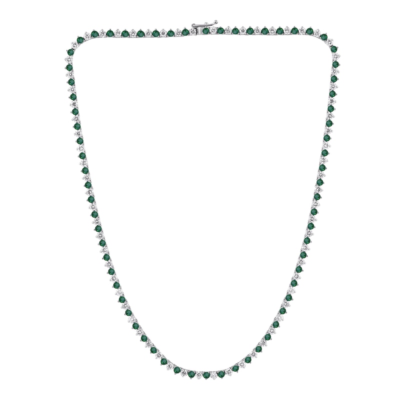Main Image 1 of Lab-Created Emerald and 6 CT. T.W. Diamond Alternating Tennis Necklace in 10K White Gold - 16.5"