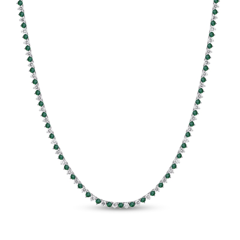 Main Image 2 of Lab-Created Emerald and 6 CT. T.W. Diamond Alternating Tennis Necklace in 10K White Gold - 16.5"