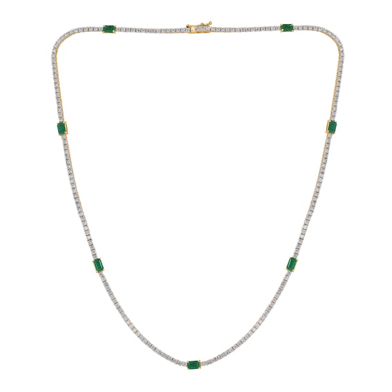 Emerald-Cut Lab-Created Emerald and 3 CT. T.w. Diamond Station Line Necklace in 10K Gold - 16"