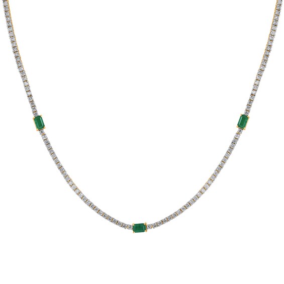 Emerald-Cut Lab-Created Emerald and 3 CT. T.w. Diamond Station Line Necklace in 10K Gold - 16"