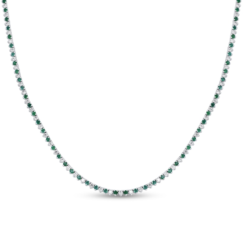 Main Image 2 of Lab-Created Emerald and 2-1/4 CT. T.W. Diamond Alternating Tennis Necklace in 10K White Gold - 16"